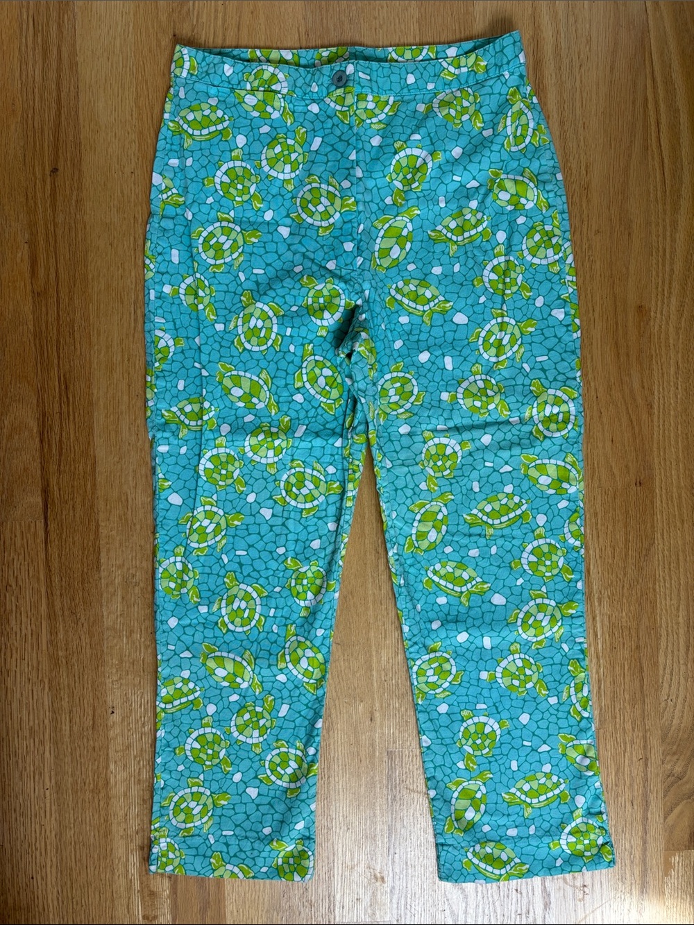 Vintage Lilly Pulitzer Aqua/Lime Turtle Mosaic Print Cotton Pants 2